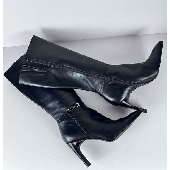 Vintage 90’s Y2K Nine West Black Leather Square Toe Knee High Boots Women’s 8.5 - Picture 2 of 11